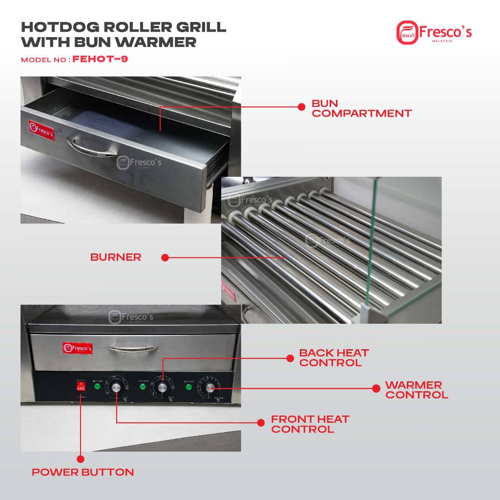 Hotdog Roller Grill With Bun Warmer FEHOT-9 featuring labeled parts: bun warmer compartment, burner, back heat control, front heat control, warmer control, and power button.