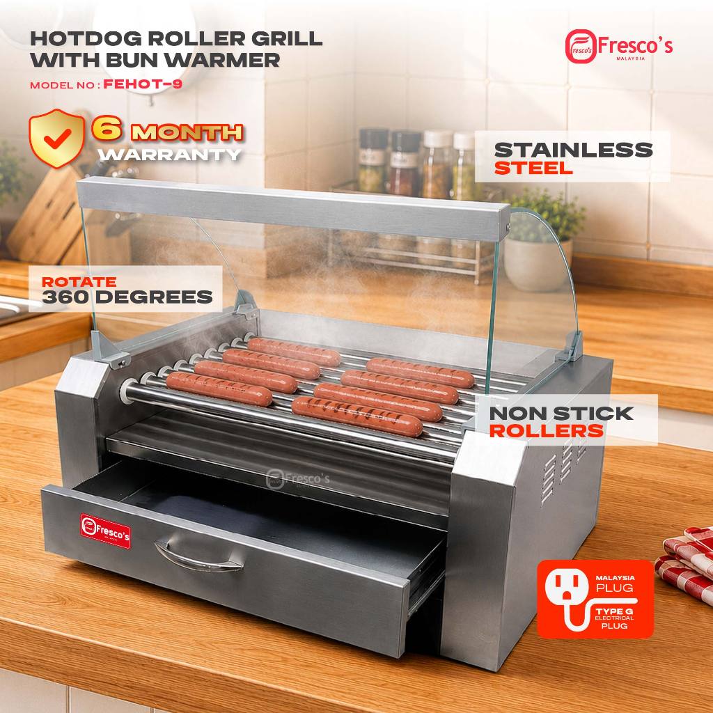 Grill Hotdog Roller Grill With Bun Warmer FEHOT-9 features a stainless steel build, 360-degree rotating non-stick rollers for six hotdogs, and a convenient drawer below. This unit includes a bun warmer, comes equipped with a Malaysian plug, and offers a 6-month warranty.